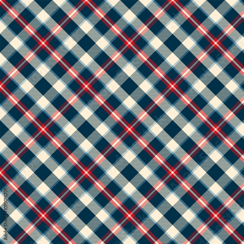 Plaid with twill weave repeat pattern.Checkered tartan gingham seamless pattern in blue red beige.Geometric graphic vector illustration background design for fabric and prints.