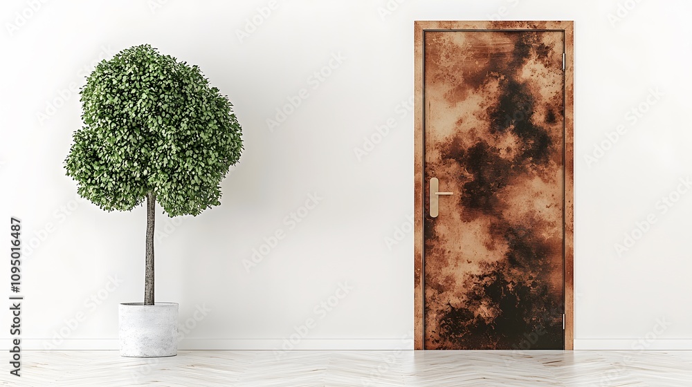 Obraz premium A wooden door with a potted plant placed beside it, adding a touch of greenery. 