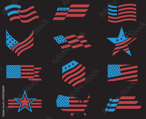 collection of USA star flag labels isolated on black background