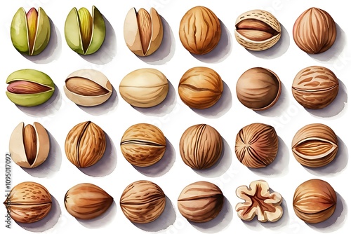 Almond, pistachios, cashew nuts set. Watercolor nut collection. Different types of nut isolated, food clipart