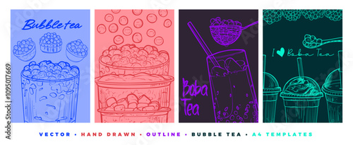 A4 templates for bubble tea designs. Hand drawn vector boba teas with tapioca pearls and jelly. Bubble teas in glasses and plastic to-go cups. Ready to use, easy to edit graphic resources.