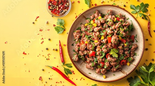 A top and close-up of pan-fried ground lamb and beef with seasonings set against a bright yellow background in a clean studio with plenty of copy space, Generative AI.