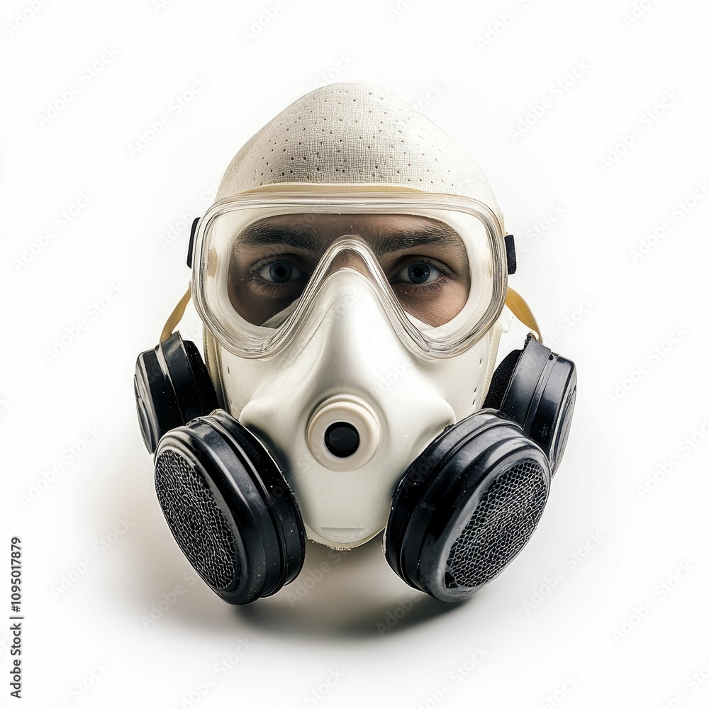 Person wearing white gas mask, isolated. Person wearing white gas mask, isolated.