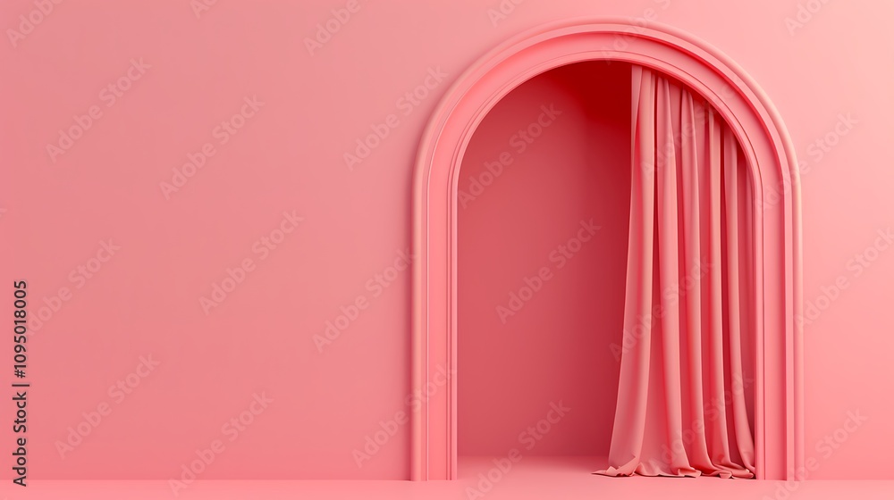 Minimal pink arch with a curtain on the wall, rendered in 3D with a solid background. Simple and stylish design. Minimal pink arch with a curtain on the wall, rendered in 3D with a solid background. Simple and stylish design.