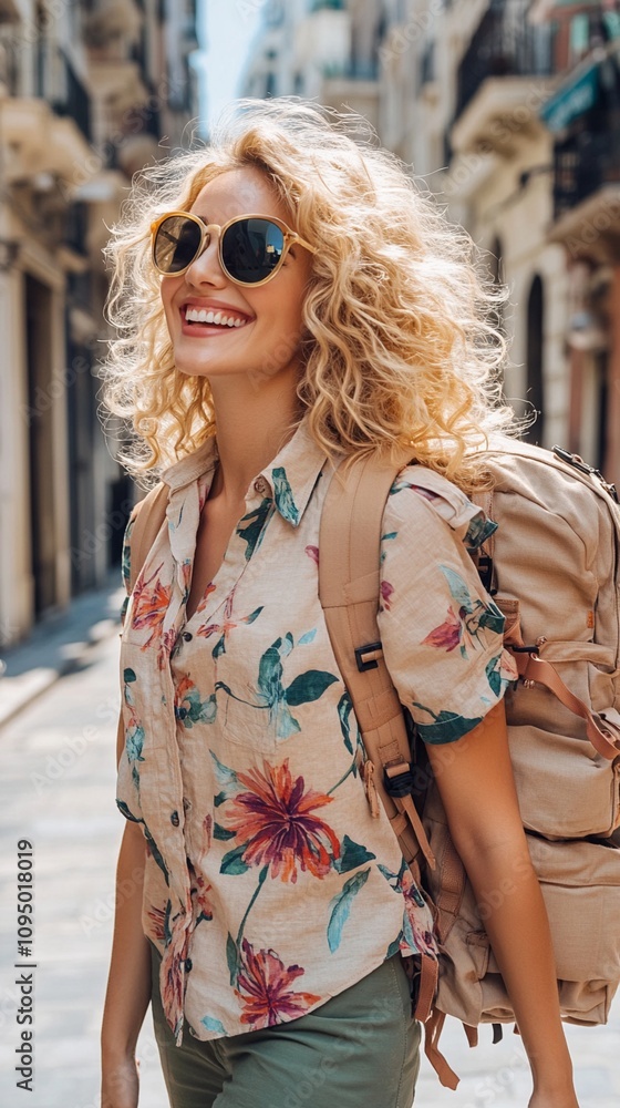 Vibrant blonde traveler with radiant smile explores narrow European street, wearing floral shirt and sunglasses, exuding joy and wanderlust spirit. Vibrant blonde traveler with radiant smile explores narrow European street, wearing floral shirt and sunglasses, exuding joy and wanderlust spirit.