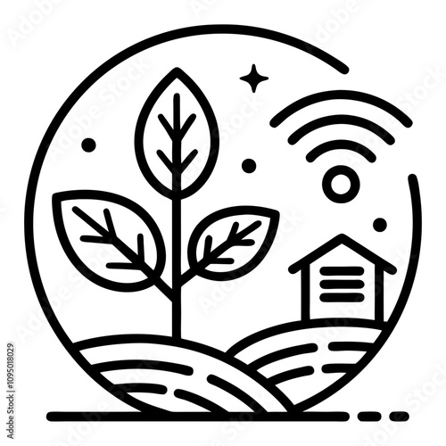 Minimalistic icon of a tree, fields, and Wi-Fi signal, representing smart eco-technologies and connected sustainability