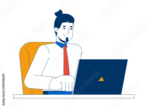 Positive office worker caucasian man typing laptop 2D cartoon character. Workplace happy. European male employee notebook isolated person flat vector on white background. Spot illustration colorful