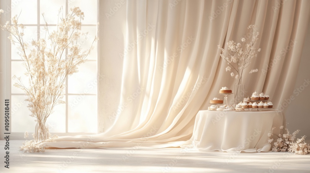 Elegant and Minimalist Dessert Table in Soft Light with Delicate Flowers and Light Drapes for Celebrations and Events Elegant and Minimalist Dessert Table in Soft Light with Delicate Flowers and Light Drapes for Celebrations and Events