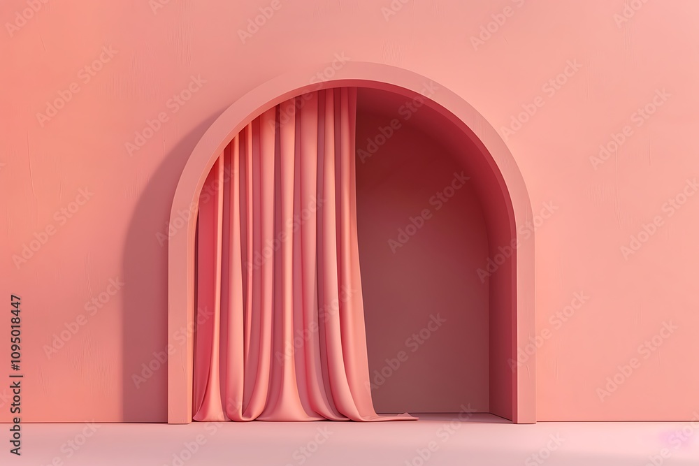 Minimal pink arch with a curtain on the wall, 3D rendered with a solid background. Simple and modern design. Minimal pink arch with a curtain on the wall, 3D rendered with a solid background. Simple and modern design.