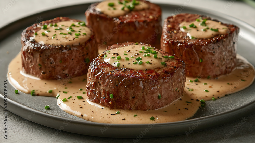 A plate of filet mignon steaks with the sauce on top, perfectly marinated and cooked medium-rare. The beige-colored sauce is creamy and light brown in color, sprinkled with fresh green chives for an e A plate of filet mignon steaks with the sauce on top, perfectly marinated and cooked medium-rare. The beige-colored sauce is creamy and light brown in color, sprinkled with fresh green chives for an e