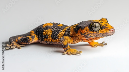 A bright-colored gecko with detailed skin patterns, sitting on a flat surface with a clean white backdrop photo