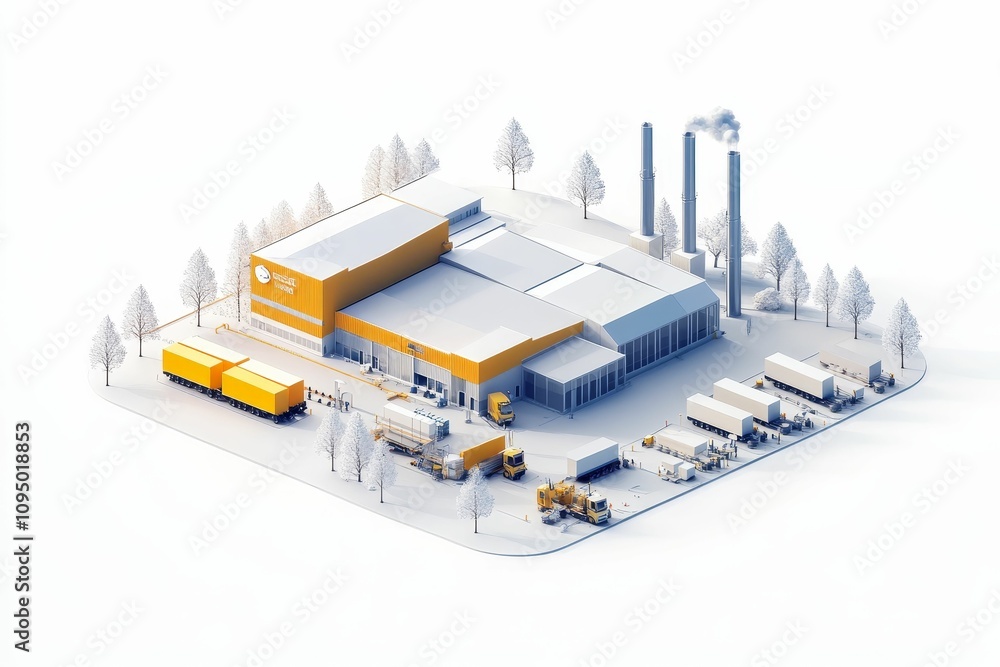 Industrial complex, trucks, snowy landscape, factory. Industrial complex, trucks, snowy landscape, factory.