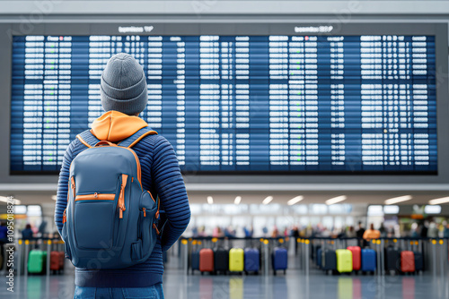 Travelers Await Departure at Busy Airport Terminal with Flight Information Displayed photo