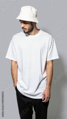 Contemplative Man in Oversized White Tee and Bucket Hat: Urban Fashion Portrait for Streetwear Brands and Lifestyle Magazines