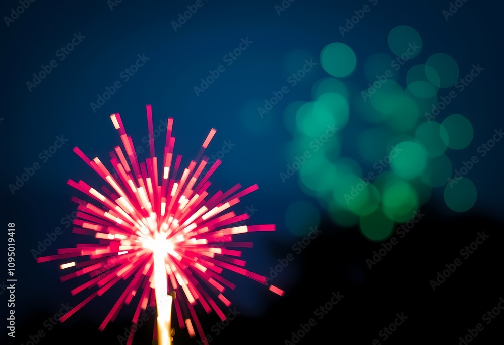 Fototapeta premium Red sparkler firework at night with bokeh lights