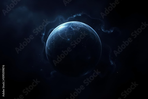 Dark Matter Sphere against a dark swirling background representi photo