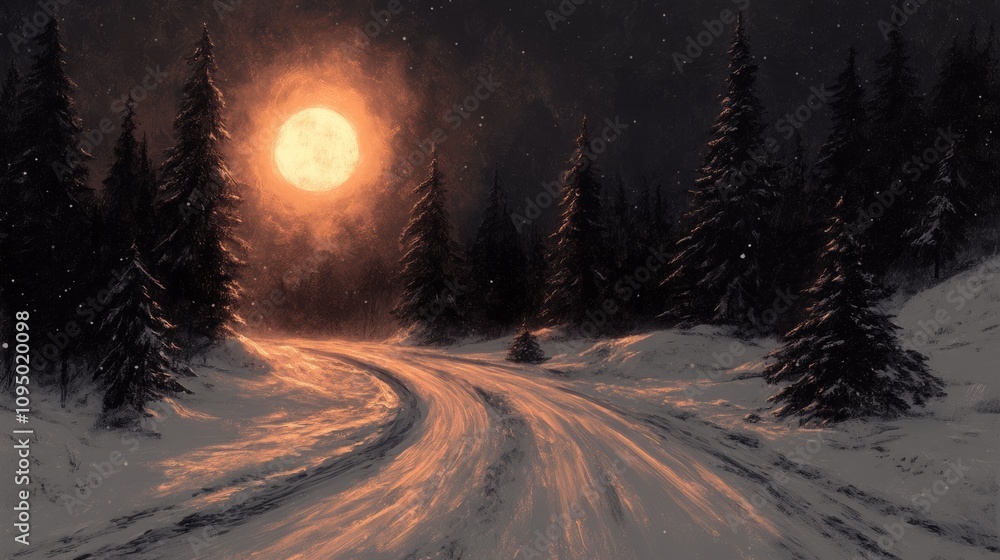 A snow-covered road winds through a dark forest under a large, orange moon. The scene is peaceful and serene, with a magical winter atmosphere. A snow-covered road winds through a dark forest under a large, orange moon. The scene is peaceful and serene, with a magical winter atmosphere.