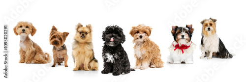 Collage of seven small, fluffy dogs of various breeds, including Yorkshire Terriers, Pomeranians, and poodle, against white background. Concept of animals, pet care, vet. Banner, advertisement photo