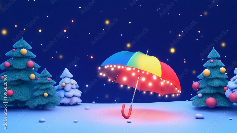 Umbrella Catching Light Drops Under Night Sky - 3D Render Umbrella Catching Light Drops Under Night Sky - 3D Render