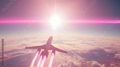 Airplane with Pink Afterburners Soaring Above Clouds at Sunset