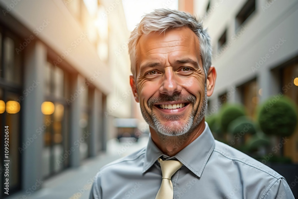 Confident Business Leader Smiling in a Bright Urban Professional Setting Confident Business Leader Smiling in a Bright Urban Professional Setting
