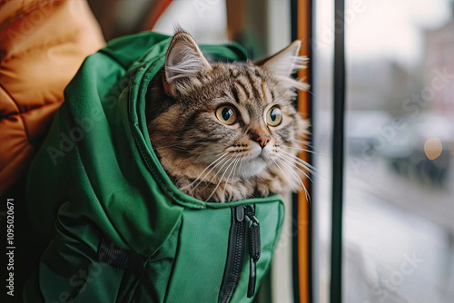 Interested cute cat travels with owner in electric train, timidly peeking out of green carrier backpack. Curious kitty pet sits on seat on public transportation near window trying to find place to hid photo