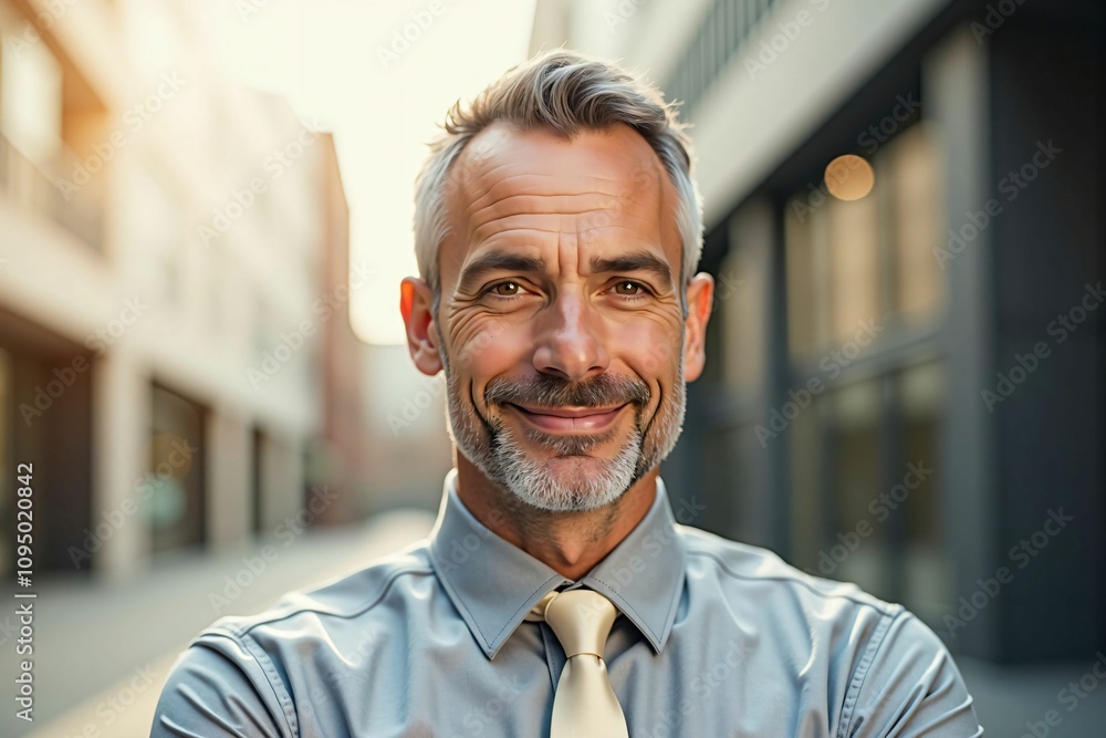 Naklejka premium Confident Business Leader Smiling in a Bright Urban Professional Setting