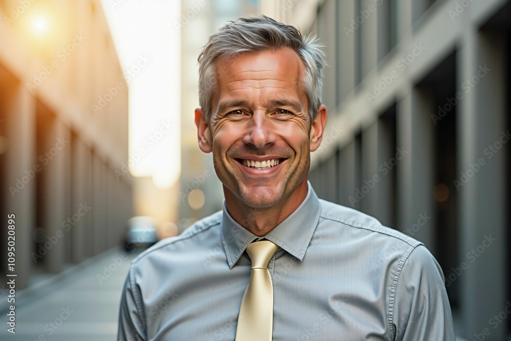 Fototapeta premium Confident Business Leader Smiling in a Bright Urban Professional Setting