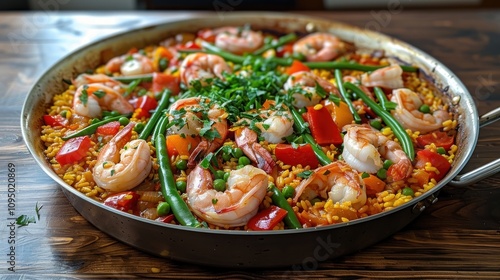 Delicious paella dish with shrimp, vegetables, and rice in a pan.