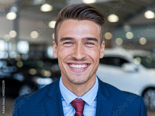 Happy salesman portrait. Successful businessman smiling confidently. Represents achievement, success, and positive attitude.