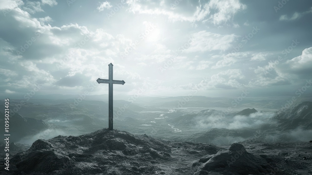 A wooden cross stands prominently on a rocky outcrop as the sun sets, bathing the canyon in warm light. The sky is filled with vibrant clouds, enhancing the serene atmosphere. A wooden cross stands prominently on a rocky outcrop as the sun sets, bathing the canyon in warm light. The sky is filled with vibrant clouds, enhancing the serene atmosphere.