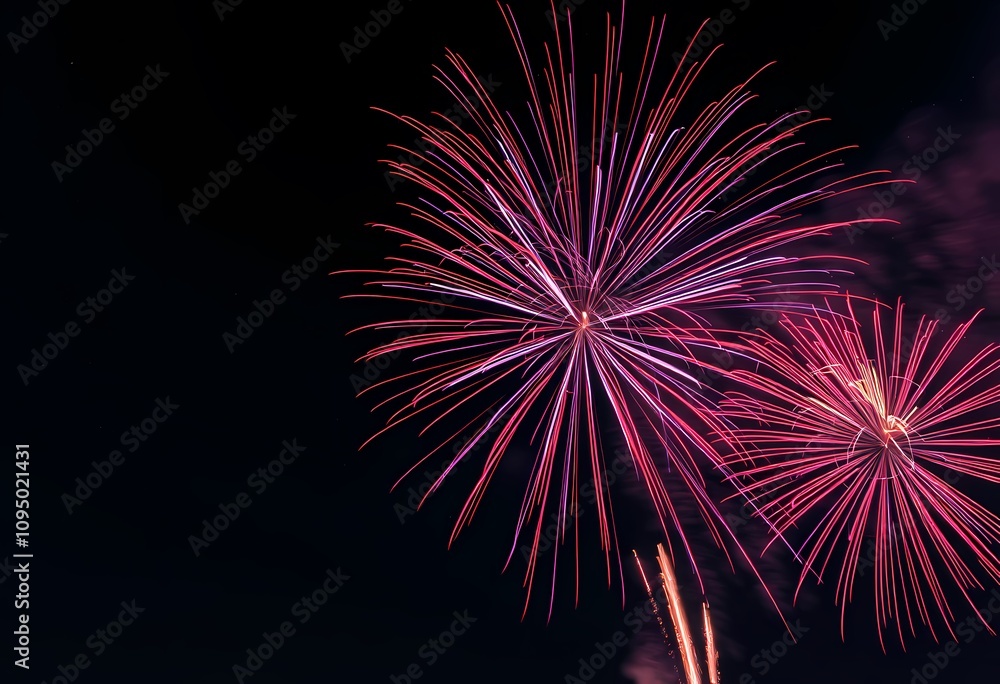 Vibrant pink fireworks burst in night sky Vibrant pink fireworks burst in night sky