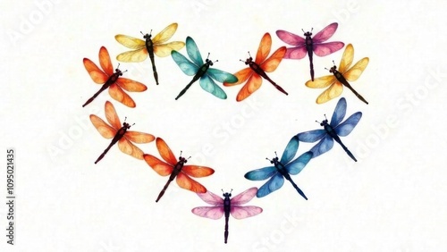 Heart made of colorful dragonflies on a white background