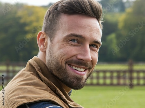 Happy man countryside portrait. Joyful man smiling outdoors, conveying happiness and rural life.  Peaceful scene.