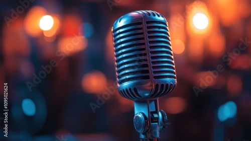 A vintage microphone stands ready on a stage with blurred lights in the background.