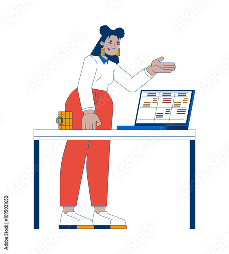 Business casual latina office worker explaining data table on laptop 2D cartoon character. Employee standing behind desk isolated person flat vector on white background. Spot illustration colorful
