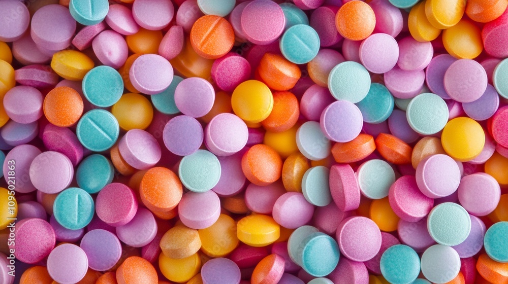 Vibrant array of colorful pills and tablets filling the frame, showcasing a diverse mix of pharmaceutical or candy-like round shapes in pastel and bright hues. Vibrant array of colorful pills and tablets filling the frame, showcasing a diverse mix of pharmaceutical or candy-like round shapes in pastel and bright hues.