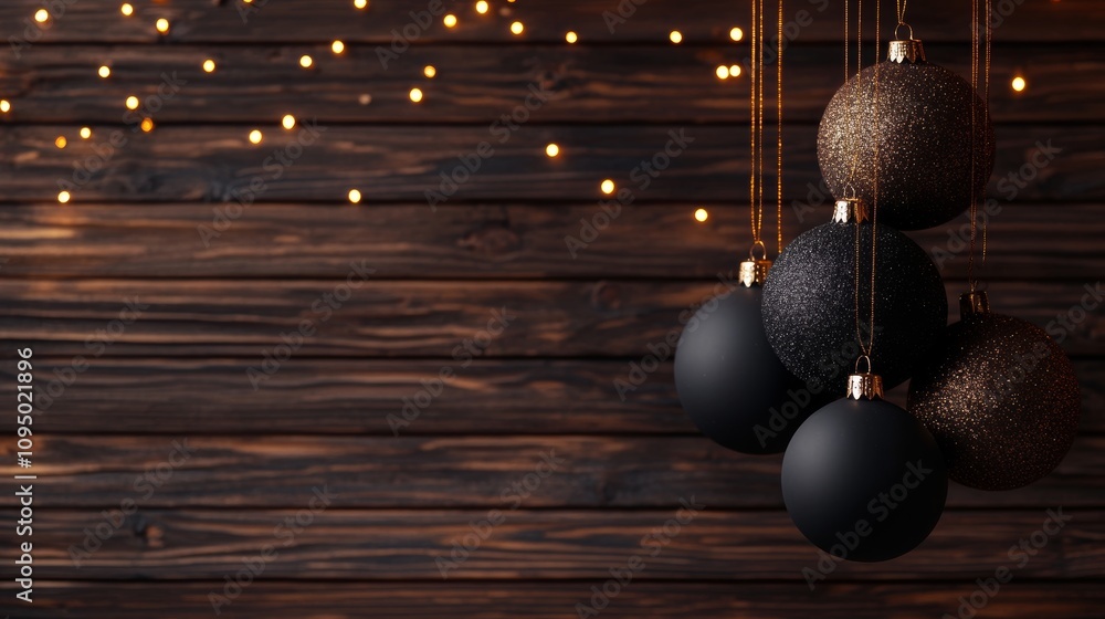 Fototapeta premium Elegant black and gold Christmas ornaments hanging against a dark wood background with warm string lights. A festive and sophisticated holiday image.