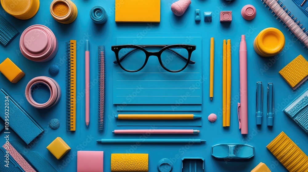 A vibrant arrangement of stationery and accessories on a blue background. A vibrant arrangement of stationery and accessories on a blue background.