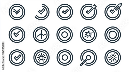 This contemporary black and white outline icon set features 15 clean modern designs covering various aspects of project management workflow process improvement and target success visualization