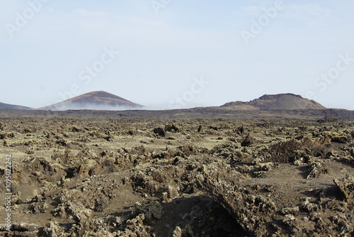 Fog, mist, morning trekking, volcanoes, lanzarote, volcanic island, canary islands, mountain, volcanic rocks, solids, lava, marsian landscape, november 2024 photo