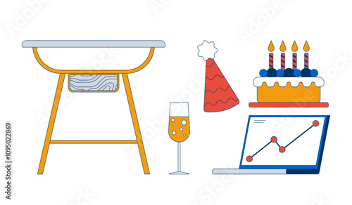 Company milestone celebration party 2D cartoon objects set. Table, sparkling wine glass, candles cake, laptop isolated elements flat vector cliparts on white background. Spot illustrations collection