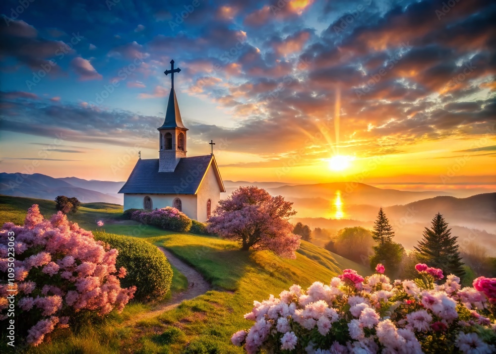 Fototapeta premium Long Exposure of a Serene Easter Sunrise Over a Church, Illuminating the Cross and Surrounding Nature with Soft Light and Vibrant Colors for a Peaceful Religious Atmosphere