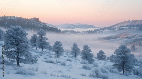 Scenic View of Snow Covered Hills at Dawn with Mist in the Valley Surrounded by Frosty Trees, Capturing the Beauty of Winter Nature