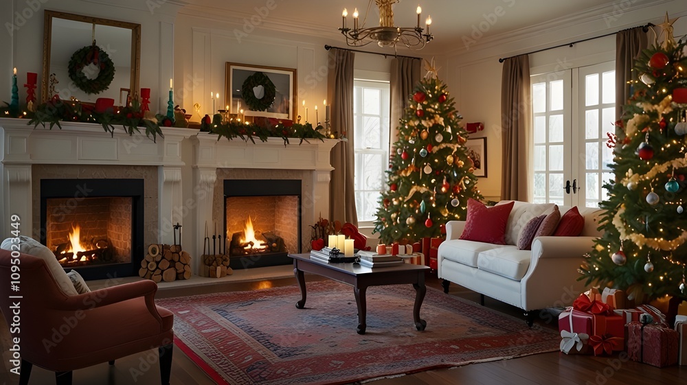 A stunningly decorated Christmas tree featuring cascading fairy lights and a mix of traditional and modern ornaments, set against a softly lit room that captures the essence of holiday warmth and chee A stunningly decorated Christmas tree featuring cascading fairy lights and a mix of traditional and modern ornaments, set against a softly lit room that captures the essence of holiday warmth and chee