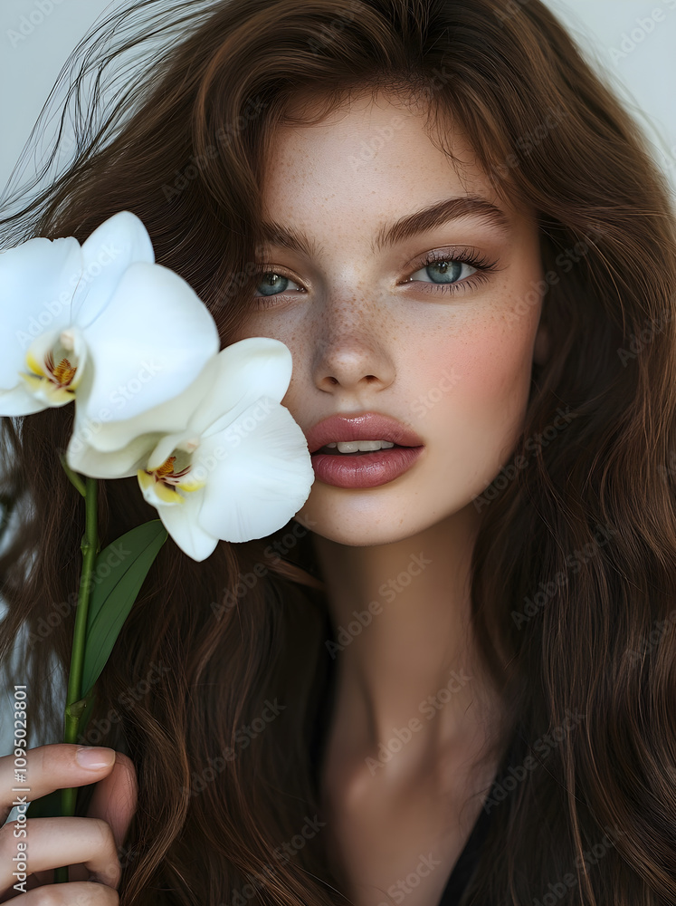 Portrait of a beautiful woman with freckles and green eyes holding a white orchid. Portrait of a beautiful woman with freckles and green eyes holding a white orchid.