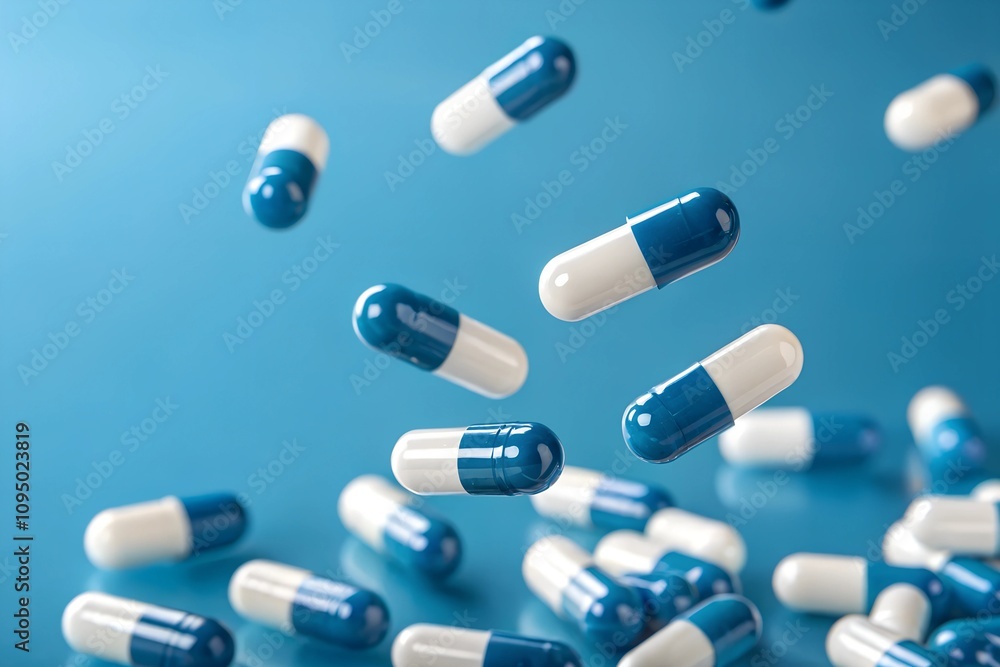 Antibiotic Capsules Falling on Blue Background - Medical and Healthcare Concept Antibiotic Capsules Falling on Blue Background - Medical and Healthcare Concept