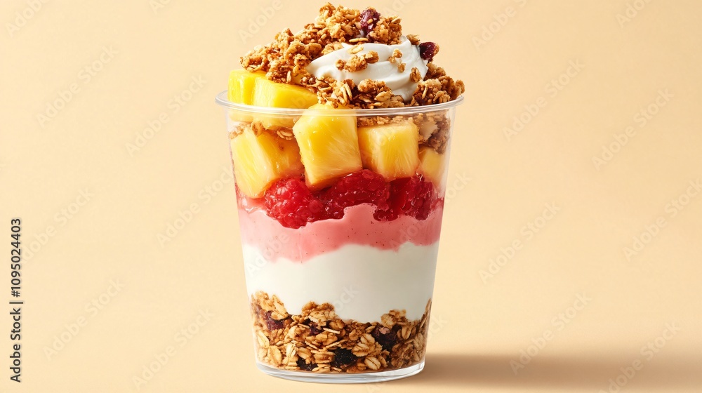 A pineapple parfait layered with yogurt, granola, and fruit chunks, served in a clear glass A pineapple parfait layered with yogurt, granola, and fruit chunks, served in a clear glass
