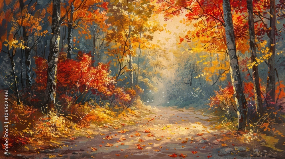 Fototapeta premium Autumn forest path bathed in sunlight, vibrant colors of fall foliage.