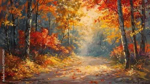 Autumn forest path bathed in sunlight, vibrant colors of fall foliage.